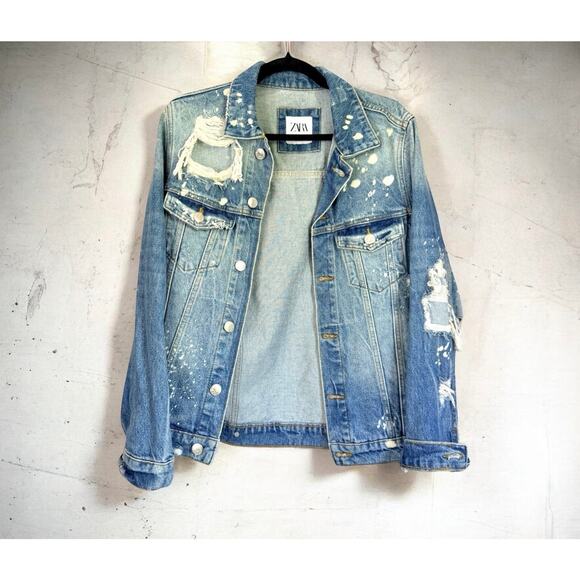 Zara Jackets & Blazers - Zara Distressed Paint Splatter Denim Jacket Size Small Oversized Trucker